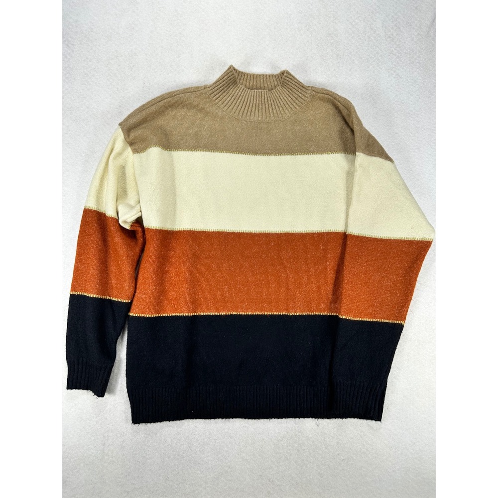 H Halston Womens Colorblock Mock Neck Sweater Metallic Stripe Orange Black Small